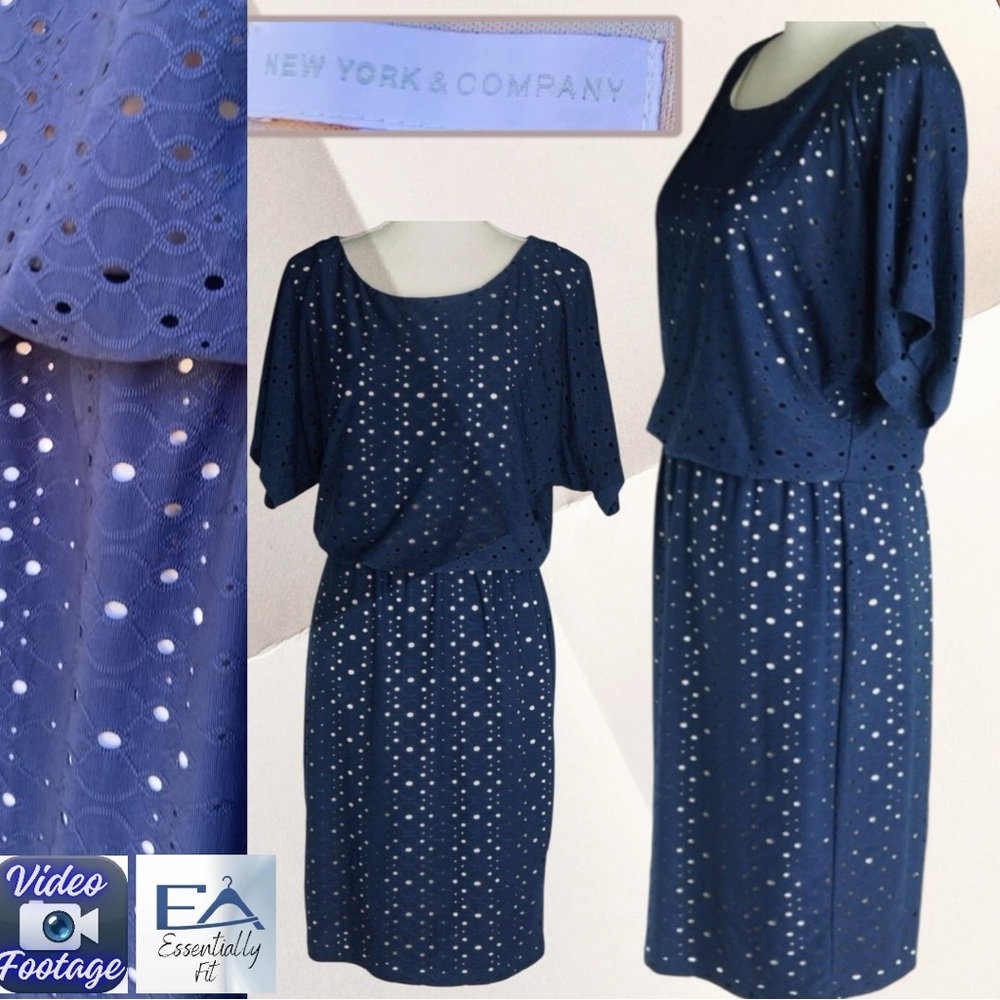 New York & Company Classic Navy Blue Eyelet Blouson Dress w/ Nude Lining